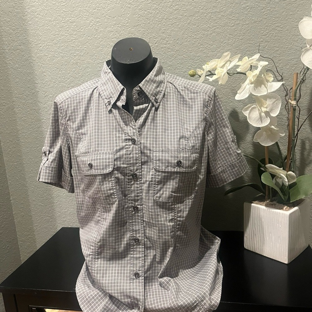 New York & Company Gray and White 3/4 Sleeve Button Down Shirt